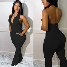 Load image into Gallery viewer, Echoine Turn Down Collar Halter Sexy Jumpsuit Pocket Knitted Ribbed Backless Skinny Bodycon Rompers Clubwear Outfits Overalls