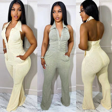 Load image into Gallery viewer, Echoine Turn Down Collar Halter Sexy Jumpsuit Pocket Knitted Ribbed Backless Skinny Bodycon Rompers Clubwear Outfits Overalls