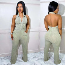 Load image into Gallery viewer, Echoine Turn Down Collar Halter Sexy Jumpsuit Pocket Knitted Ribbed Backless Skinny Bodycon Rompers Clubwear Outfits Overalls
