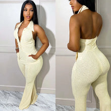 Load image into Gallery viewer, Echoine Turn Down Collar Halter Sexy Jumpsuit Pocket Knitted Ribbed Backless Skinny Bodycon Rompers Clubwear Outfits Overalls