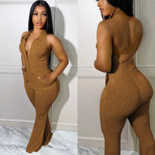 Load image into Gallery viewer, Echoine Turn Down Collar Halter Sexy Jumpsuit Pocket Knitted Ribbed Backless Skinny Bodycon Rompers Clubwear Outfits Overalls